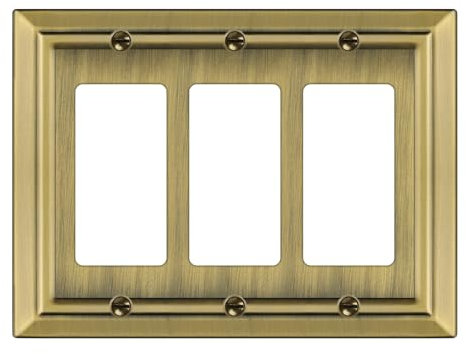 Dyekou Metal Wall Plate for Electrical Outlets, Decorative Antique Brass Switch Plates Outlet Cover, Light Switch Cover Plate, 3-Gang Wall Plates (Triple Decoretor, 1 Pack)