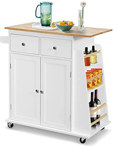 TANGZON Kitchen Island on Wheels, Rolling Kitchen Storage Trolley with Cabinet, Rubber Wood Worktop, Adjustable Shelf, 2 Drawers & 3-Tier Spice Rack, Dining Room Utility Serving Cart Sideboard (White)
