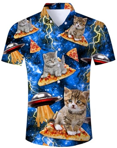 ALISISTER Funky Hawaiian Shirt 3D Pizza Cat Print Short Sleeve Shirts Aloha Blouse Button Ugly Shirt Summer Vacation Party Beachwear Holiday Blue T Shirts for Men XXL