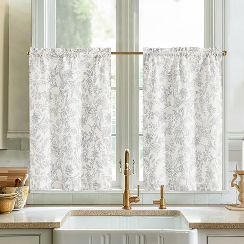 Vangao Leinen Scheibengardine Blumen kurz Vorhang Botanischer Druck Bistrogardine Modern Küchengardinen Gardine für Küche Wohnzimmer Landhaus Halbtransparent 2er-Set Grau auf Beige 65B x 60H(cm)