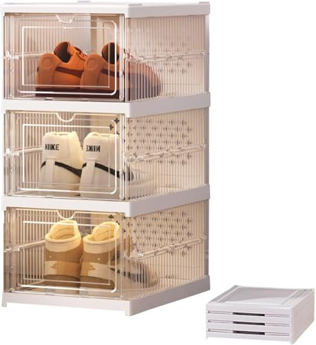 xocome Schuhkarton - Transparenter, faltbarer Schuhkarton - Stapelbarer und platzsparender Kunststoff-Schuhständer, geeignet für Sportschuhe bis Größe 46, installationsfrei (3 Ebenen)