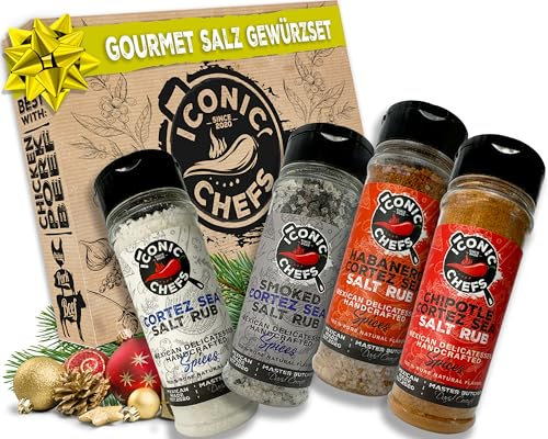 ICONIC CHEFS® Gourmet Salz Gewürze Geschenkset 100% aus MEXIKO - Salz Geschenk mit Rauchsalz, Steak Salz, Chipotle Chili & Habanero Gewürzsalz - Geschenkset Salz - Grillgewürze Geschenkset