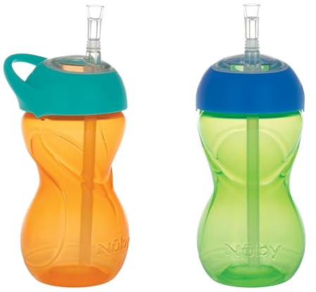 Nuby No-Spill Clik-it Flexi Straw 10oz Cup, Leak-Proof & Easy-Grip Design with Carabiner Attachment for On-The-Go Hydration, 2 Pack, 6+M, Neutral Colors