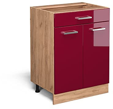 Vicco Küchenunterschrank R-Line, Bordeaux Hochglanz/Goldkraft Eiche, 60 cm mit Schublade, AP Eiche