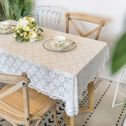 Yaland Jacquard Tischdecke Landhausstil mit Blumenmuster Spitzenoptik sanfte Garten Tischwäsche mit Spitzenkante Tischtuch für Draußen Esszimmer, Küche LxB 240x140cm