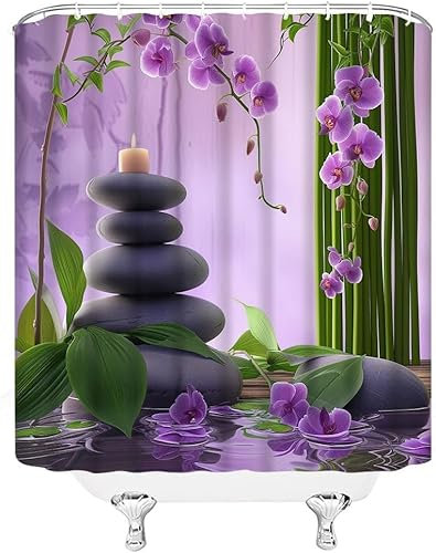 Rideau de Douche Orchidée de Pierre, Anti Moisissure Imperméable Rideau Baignoire Orchidée de Pierre Rideaux Douche 180x200, Polyester Shower Curtain 3D Rideaux Salle de Bain 12 Crochets vq4799