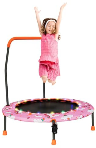 LIFEZEAL Ø 92cm Trampoline Enfant avec 21 Lumières LED, Tapis de Saut Lavable, Poignée Amovible, Couvre-Pieds en TPR Antidérapant, Rebounder Intérieur Extérieur, 3-6 Ans (Rose)