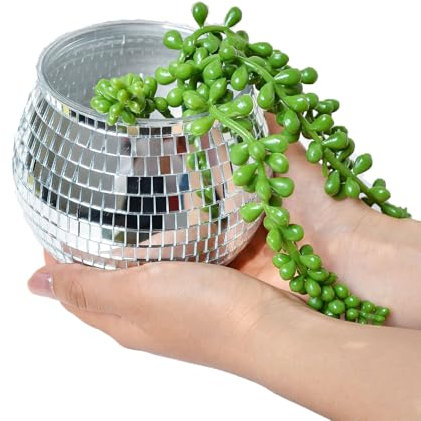 BDHI 1pc Disco Ball Flower Vase Mirror Disco Ball Glass Silver Mirror Ball Planter for Wedding Centerpieces Bedroom Kitchen Office Decoration Birthday(Y280-1)