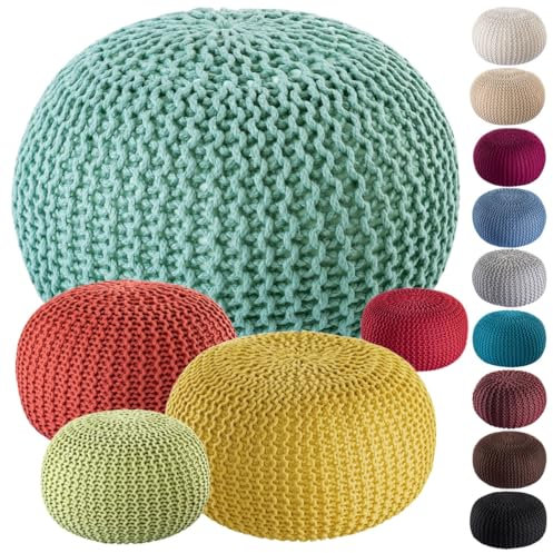 Amago home Premium Sitzhocker Pouf ø 45cm Strickpouf Indoor u. Outdoor - pflegeleicht & nachhaltig Farbe Mint - Ocean Wave