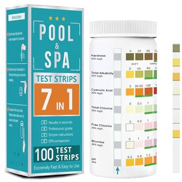 FONCBIEN 100 Tiras de Prueba para Piscina, 7 en 1 Test Piscina Tiras para Bañera Reactivos de Piscina para Bromo, Alcalinidad total, pH, Cloro Libre, Dureza Total, THC y Cloro total
