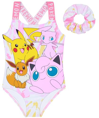 Pokémon Costume Piscina Bambina Costumi da Bagno con Scrunchies per Capelli per Bambini Ragazza Piscina Spiaggia Idee Regalo (7-8 Anni, Rosa)