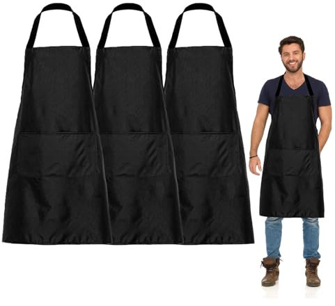 FUIPVGI 3 Piezas Chef Delantal de Cocina Impermeable Con 2 Bolsillos, Barbacoa Con Correas Largas para Cocinar, Hornear, Restaurante, Jardinería (Negro)