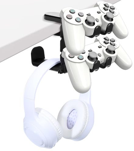 3-in-1 PC-Gaming-Headset- und Controller-Halter, 2 Kopfhörerständer mit verstellbarer Klemme, 4 Controller-Halter, drehbarem Arm und Kabel-Organizer, universeller PC-Gaming-Zubehör, Controller,