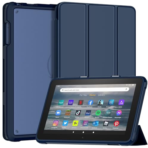 Fire 7 Tablet Case Kids (12th Generation, 2022 Release), Sonlaryin Dual Angle Lightweight Trifold Stand with Frosted Transparent Back Case for 7 Kids Tablet, Auto Wake/Sleep, Also Fit TCL - Navy