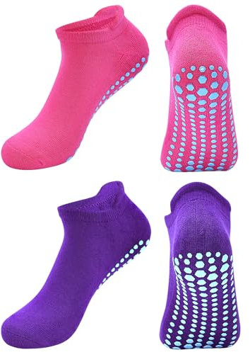 DECOVICI Yoga Damen Socken, Pilates Stoppersocken ABS Antirutschsocken mit Noppen für Barre, Tanz, Ballett, Kampfsport, Trampolin, Fitness 2 Paar(Rosa+Lila,M)