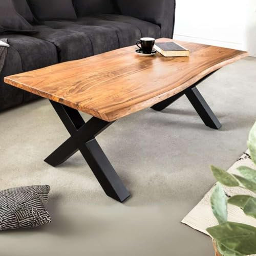 LEBENSwohnART Massiver Couchtisch ARBOL 120cm Akazie Natural Baumkante X-Metallgestell schwarz