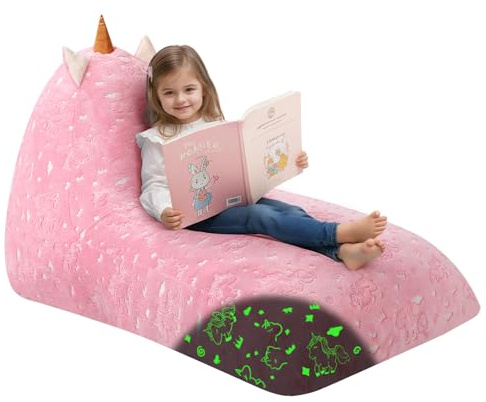 MeMoreCool Kinder Sitzsackbett 8–12 Jahre, groß mit Einhorn, Rosa Einhorn | Großer Sitzsack mit Füllung als Bodenliege für Mädchen und Jungen, mit Einhorn- und Dinosaurier-Design für Kinder.
