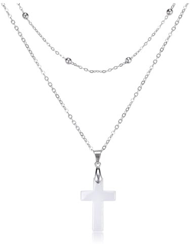 JSDDE Damen Kreuz Kette Edelstein Kreuz Anhänger Halskette Mehrschichtige Halsketten Schmuck für Frauen Mädchen Freundin Mama (Bergkristall)