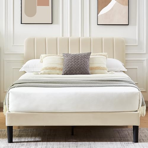 VECELO 4ft6 Double Bed Frame Upholstered Platform Bedframe with Adjustable Velvet Headboard, Sturdy Wooden Slat Support, No Box Spring Needed, Easy Assembly, Beige