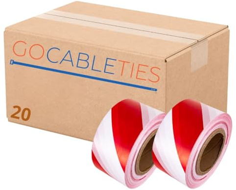 Gocableties Red/White - 70mm x 500m Barrier Tape, Box of 20 - Non Adhesive Warning Box, Caution Tape,Plastic Barrier Cordon Off Tape
