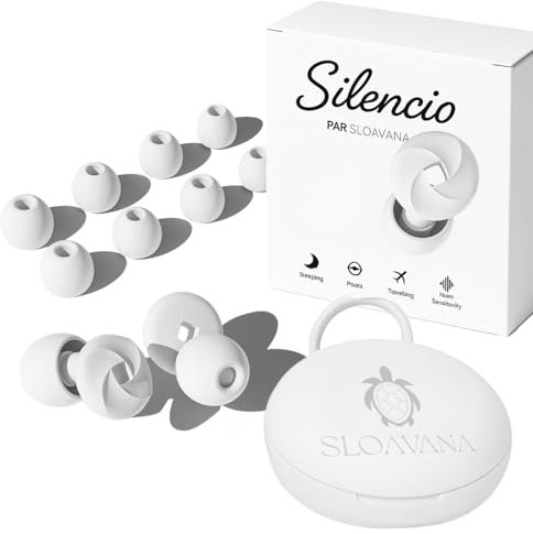 Sloavana Silencio – Bouchons d’oreilles silicone doux 21 dB | Sommeil, anti-ronflement, concert, moto, avion | Réutilisables, 4 tailles, étui élégant inclus