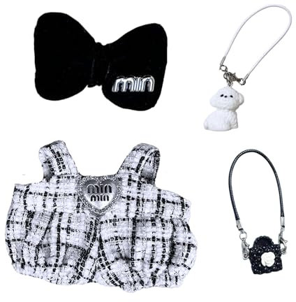 Kleidung für 17 cm Plüsch,Mini süße Kleidung, Schwarz Weißer Overall + Schwarze Schleife + Hundeanhänger + Schwarze Blumentasche, Bekleidung Kinder Geschenke Plüschpuppe Set