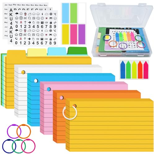 Celepoir Karteikarten-Box, A7, 20,5 x 13,6 x 3 cm, Karteikartenhalter, mit 350 farbigen Lernkarten, 100 Pfeil-Karteikarten, 5 A-E-Indexen, 6 Ringe, 3 Aufkleber und 6 Etiketten, für Lernnotizen