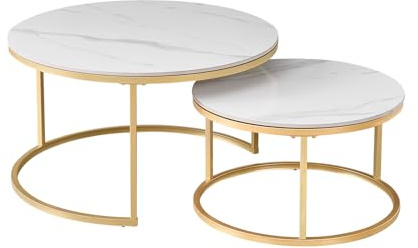 HJhomeheart 2er-Set Marmor-Couchtische mit Weißer Marmorplatte und Goldenem Metallgestell, Moderner Runder Beistelltisch fürs Wohnzimmer – 80 x 80 x 45 cm