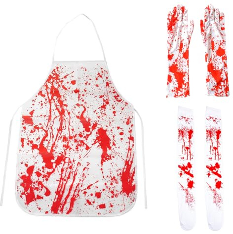 OIXYEY 3 Stück Halloween Blutige Handschuhe Socken Schürze Set,Halloween Blut Handschuhe+Halloween Blutige Socken,Halloween Overknee Blutiger Aufdruck Weiche Blutflecken Terror Für Cosplay