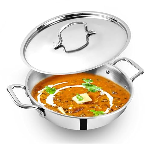 SWACRAFT Triply Stainless Steel Kadhai with Lid,Kadai for Cooking, Stainless Steel Cookware Triply Kadai, Induction & Gas Stove Compatible, 3.3 L, 26 cm