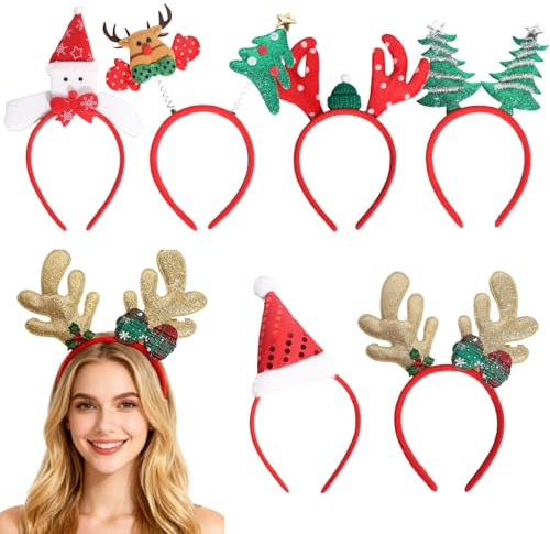 6PCS Haarreif Weihnachten - Lustiger Weihnachts Haarreif mit Rentier, Schneemann & Weihnachtsbaum – Bequemer Kopfschmuck Weihnachten Erwachsene für Weihnachtsfeier, Weihnachtsoutfit & Geschenkideen