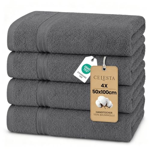 CELESTA Handtücher 50x100 cm, 4er-Set 100% Baumwolle Frottee, Dunkelgrau | OEKO‑TEX zertifiziert, weich & saugstark, ideal für Badezimmer, Gäste‑WC, Küche, Spa, Gym & Sport