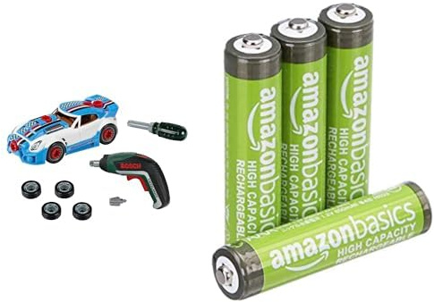 Theo Klein Bosch Car Tuning-Set, Akkuschrauber/Auto, 3+ Jahre, & AAA Akkus Amazon Basics 4 Stück, 850mAh