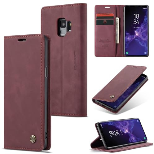 WJXEXRS Handyhülle für Samsung Galaxy S9 Hülle, Premium Leder Schutzhülle Klappbar mit Kartenfach Ständer Magnet Handytasche mit Flip Case Klapphülle für Samsung Galaxy S9 -Weinrot