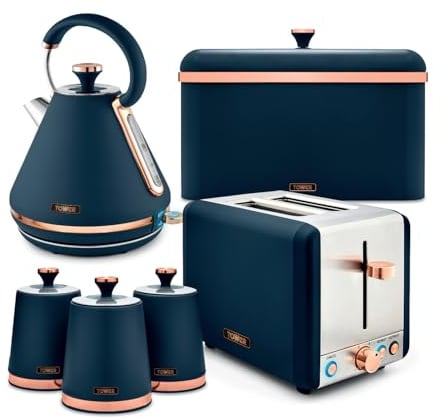 Tower Cavaletto 4 Piece Kitchen Set, 3kW 1.7L Pyramid Kettle, 2 Slice Toaster, Bread Bin & 3 x 1.3L Canisters, Midnight Blue, EEJB470