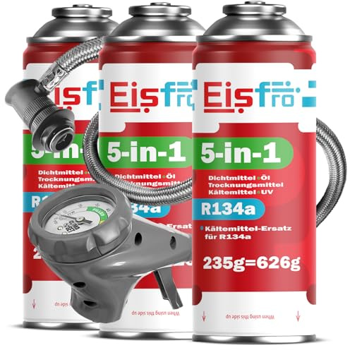 Eisfro - 5in1 - Kältemittel R134a + Schlauch, 3X 235 g für Auto Klimaanlage mit Öl, Dichtungsmittel, UV-Farbstoff, Trocknungsmittel - Schützt den Kompressor