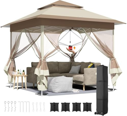 Pavillon 3,3x3,3 mit 4 Moskitonetz Seitenteilen,One Push Faltpavillon Wasserdicht Stabil,Doppeldach Partyzelt UV Schutz 50+,Gartenpavillon 4 Sandsäcken,für Patio/Markt/Camping Khaki Braun