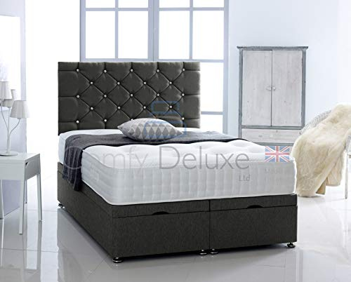 Comfy Deluxe LTD Chesterfield Ottoman Bed Base, 4FT Small Double, Black | Chenille Fabric Divan Storage Bed Frame, 26 Inch Headboard, Gas Lift Foot-End Opening, No Mattress Included, UK Made