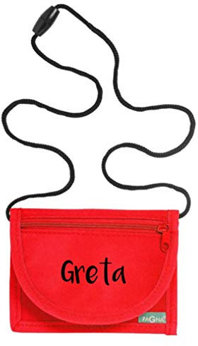 Geldbeutel mit Sichtfenster zum Umhängen mit Namen | Motiv Namensdruck | Brustbeutel personalisiert Geldbörse Kindergeldbeutel Münzfach Kinder Mädchen Jungen mit Klettverschluss (rot)