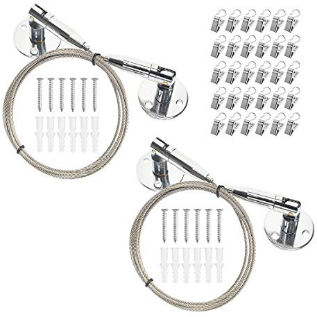 Kids Art Hanging Wire Organizer with Clips, Project Wall Display Cable, 6.5 ft Long Stainless Steel, 34 Clips, Length Adjust, Rustless, 88 lb Load for Photos Painting Document Room Divider(2 Packs)