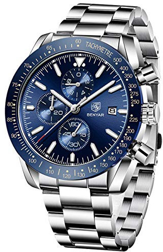 BENYAR Herrenuhr Quarz Sport Chronograph Mode Marken Business Uhr Herren Braun Lederuhr Wasserdicht Kratzfest Analog Automatik Datum Elegantes Geschenk Armbanduhr (Stahlblau)