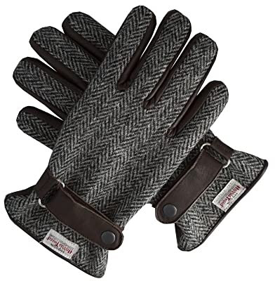 Walker & Hawkes - Herren Handschuhe - aus schottischem Harris-Tweed & Leder - Overcheck-Tartanmuster - Stahlgrau - XL
