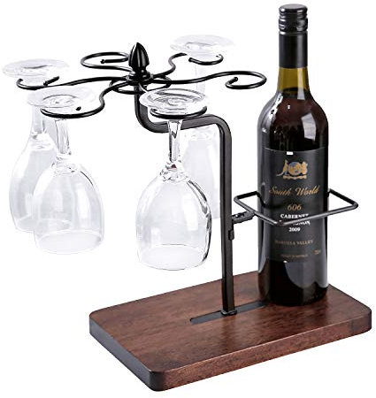Porta bicchieri da vino con portabottiglie da vino, porta bicchieri da vino in metallo e legno massello, su piedistallo per 1 bottiglia 6 calici da vino, porta vino decorazione regalo compleanno