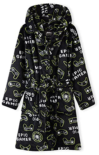 CityComfort Boys Dressing Gown, Gaming Fleece Dressing Gown For Kids 7-14 Years (Black Pattern, 11_years)