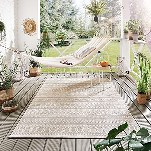 Steffensmeier Indoor Outdoor Teppich Nyland wasserfest Kunststoff Balkon Garten Flur, strapazierfähig und pflegeleicht, Streifen Beige, Größe: 80x150