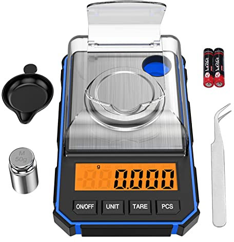 ORIA Feinwaage Präzisionswaage 50g/0,001g, Digitale Milligramm Waage mit LCD-Anzeige, Lab Digitale Waage, Schmuckwaage, Tragbare Mini-waage mit Kalibriergewichten, Tara-Funktion, PCS Funktion - Blau