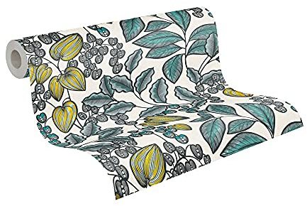 A.S. Création Architects Paper Blumentapete Floral Impression Tapete natürlich PVC-freie Vliestapete blau weiß gelb schwarz grau matt glatt 377551 37755-1, 10.05 m x 0.53 m