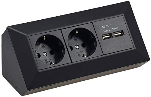Steckdose schwarz 2-fach mit USB für Küche und Büro - Ecksteckdose aus hochwertigem Kunststoff ideal für Arbeitsplatte, Tischsteckdose oder Unterbausteckdose mit 2-fach Steckdosenelement und