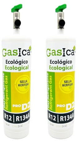 PACK AHORRO 2 ENVASES GASICA D2 GAS REFRIGERANTE ORGÁNICO AUTOMOCIÓN COCHE 400gr CADA BOTELLA COMPATIBLE CON R134A R12