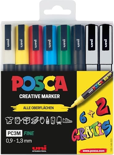 Faber-Castell uni-ball 186825 - POSCA Marker Set, 8er Etui Acrylstifte PC-3M, 0.9 - 1.3 mm, 6 Standardfarben + 2 wechselnde Sonderfarben